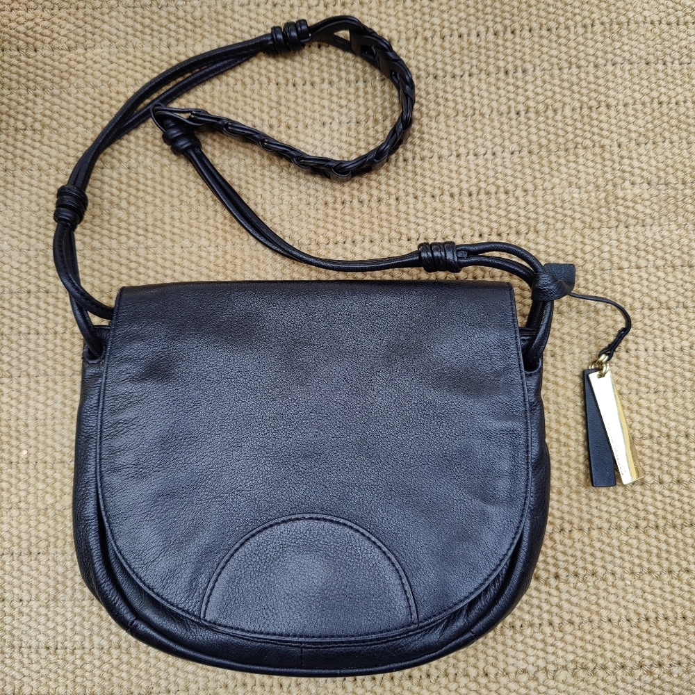 Vince Camuto Luela Black Top Flap Leather Shoulder Bag Purse Lots of Pockets